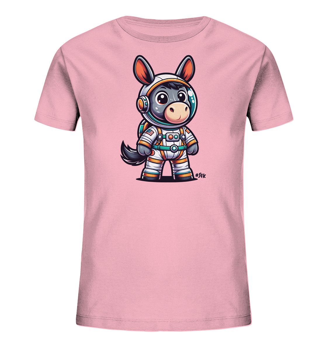 Onlineshop Shirts fuer Kinder - Dieses T-Shirt in zartem Rosa zeigt eine entzueckende Illustration eines Esels im Astronautenanzug. Der Esel traegt einen detaillierten Raumanzug mit Helm und Rucksack und blickt freundlich. Die Grafik ist farbenfroh und im Comic-Stil gehalten. Es ist ein verspieltes Design fuer junge Weltraum-Fans.