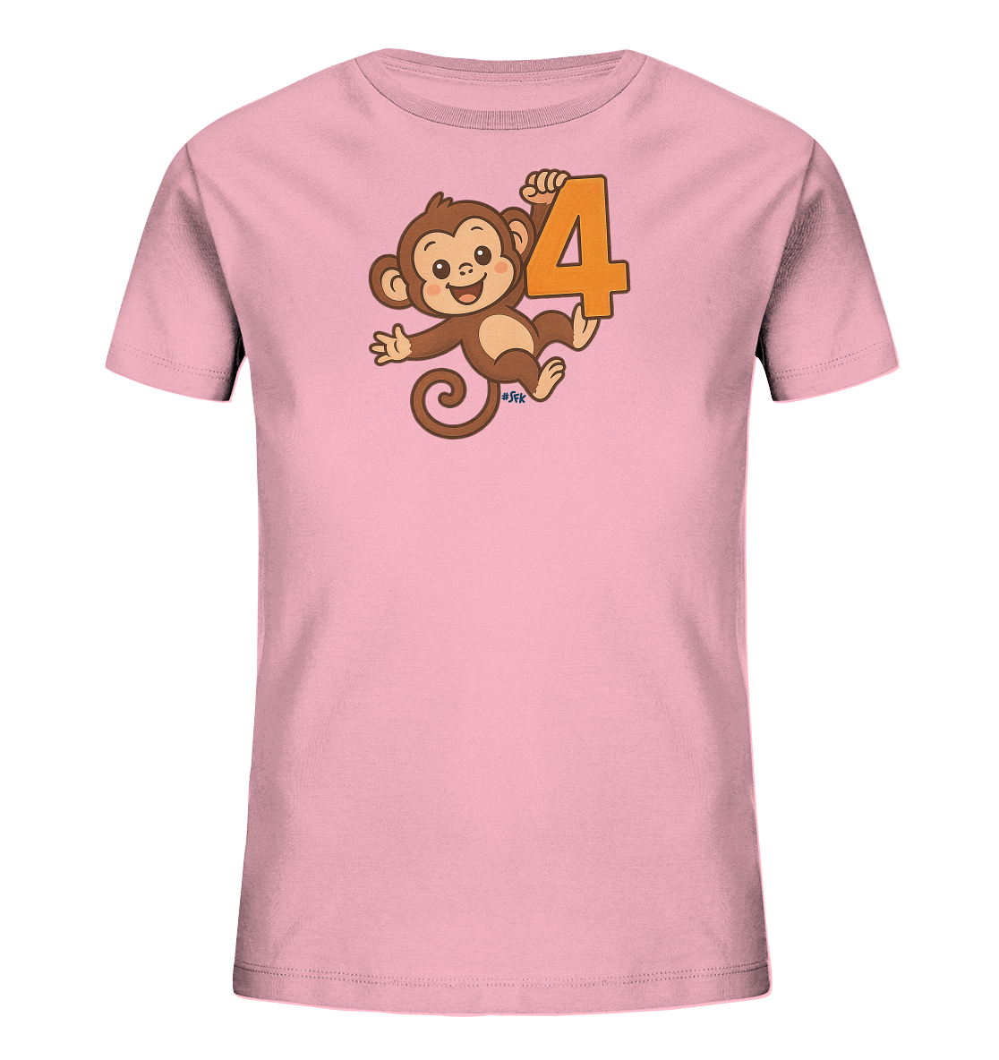 Onlineshop Shirts fuer Kinder - Das Bild zeigt ein rosafarbenes Kinder-T-Shirt mit einem niedlichen Motiv. Ein cartoonhafter Affe haelt sich an einer grossen orangefarbenen Zahl 4 fest. Der Affe laechelt und hat einen verspielten Ausdruck. Dieses Design eignet sich gut fuer einen vierten Geburtstag.