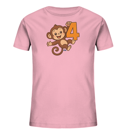 Onlineshop Shirts fuer Kinder - Das Bild zeigt ein rosafarbenes Kinder-T-Shirt mit einem niedlichen Motiv. Ein cartoonhafter Affe haelt sich an einer grossen orangefarbenen Zahl 4 fest. Der Affe laechelt und hat einen verspielten Ausdruck. Dieses Design eignet sich gut fuer einen vierten Geburtstag.