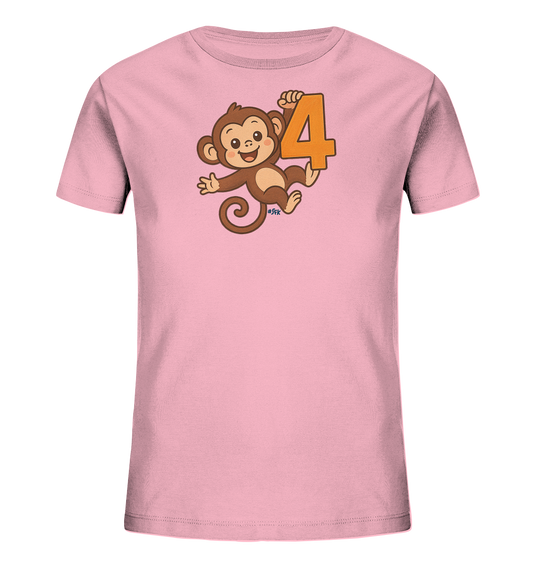 Onlineshop Shirts fuer Kinder - Das Bild zeigt ein rosafarbenes Kinder-T-Shirt mit einem niedlichen Motiv. Ein cartoonhafter Affe haelt sich an einer grossen orangefarbenen Zahl 4 fest. Der Affe laechelt und hat einen verspielten Ausdruck. Dieses Design eignet sich gut fuer einen vierten Geburtstag.