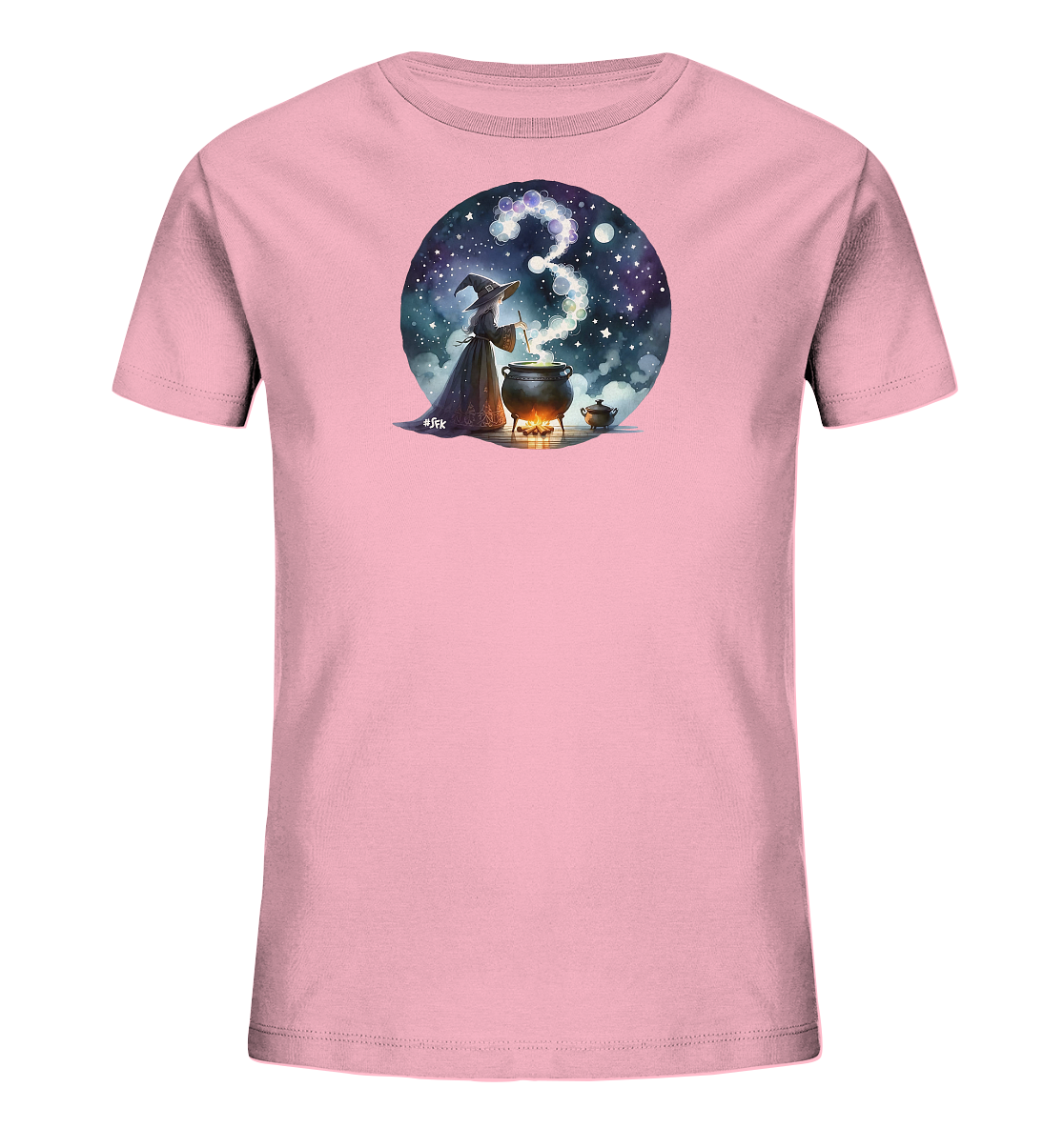 Onlineshop Shirts fuer Kinder - Dieses pinke T-Shirt fuer Kinder zeigt eine Illustration einer Hexe, die ueber einem brodelnden Kessel einen Zaubertrank ruehrt. Der aufsteigende Dampf formt die Zahl Drei. Das Design ist in einem Kreis mit einem sternenklaren Nachthimmel als Hintergrund dargestellt. Es ist ein fantasievolles Motiv, ideal fuer kleine Abenteurer.