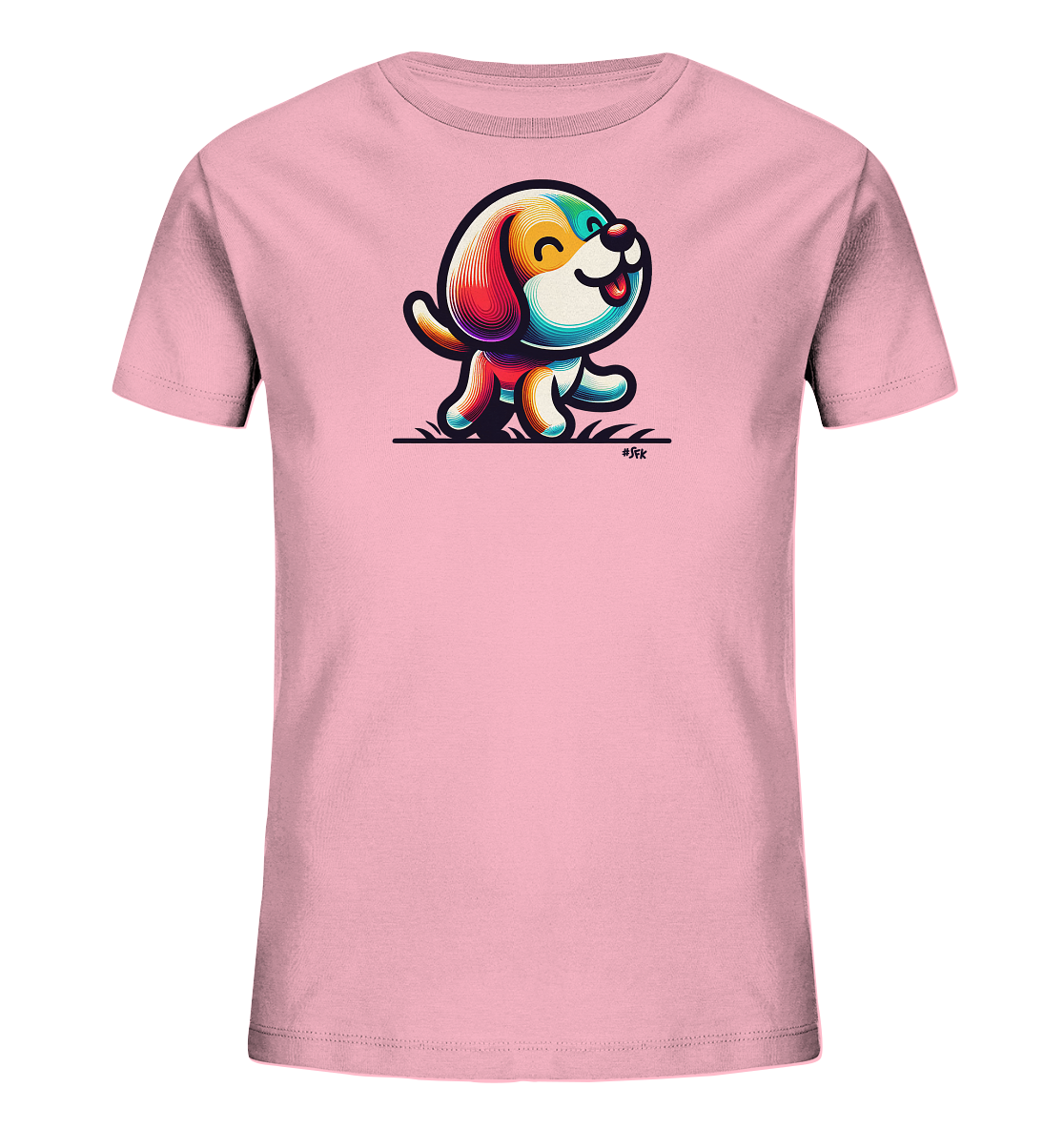 Onlineshop Shirts fuer Kinder - Das Bild zeigt ein rosafarbenes Kinder T-Shirt mit einem froehlichen Aufdruck. Darauf ist ein bunter, cartoonhafter Hund abgebildet, der gerade laeuft. Der Hund hat grosse Augen und ein Laecheln, seine Koerperteile sind in leuchtenden Farben wie Rot, Blau und Gelb gehalten. Dieses Design verleiht dem Shirt einen verspielten und farbenfrohen Look.