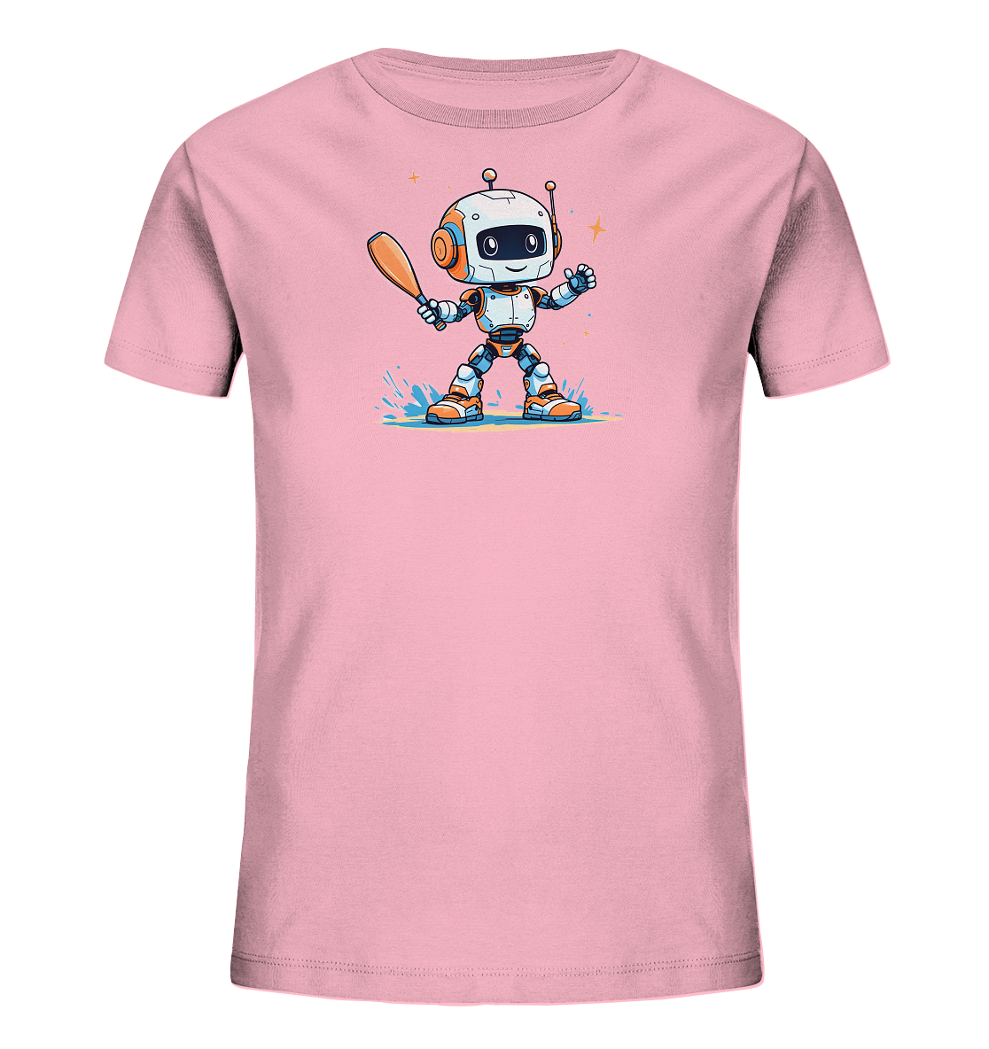 Onlineshop Shirts für Kinder - Das Bild zeigt ein hellrosa T-Shirt für Kinder, das mit einer farbenfrohen Illustration eines Roboters bedruckt ist. Der Roboter, in den Farben Weiß, Orange und Blau gehalten, steht in einer dynamischen Pose und hält einen Baseballschläger. Um den Roboter herum sind stilisierte Wasserspritzer und kleine Sternengrafiken zu sehen, was dem Design eine verspielte und energiegeladene Note verleiht. Die Gesamtgestaltung ist freundlich und ansprechend, ideal für aktive Kinder.