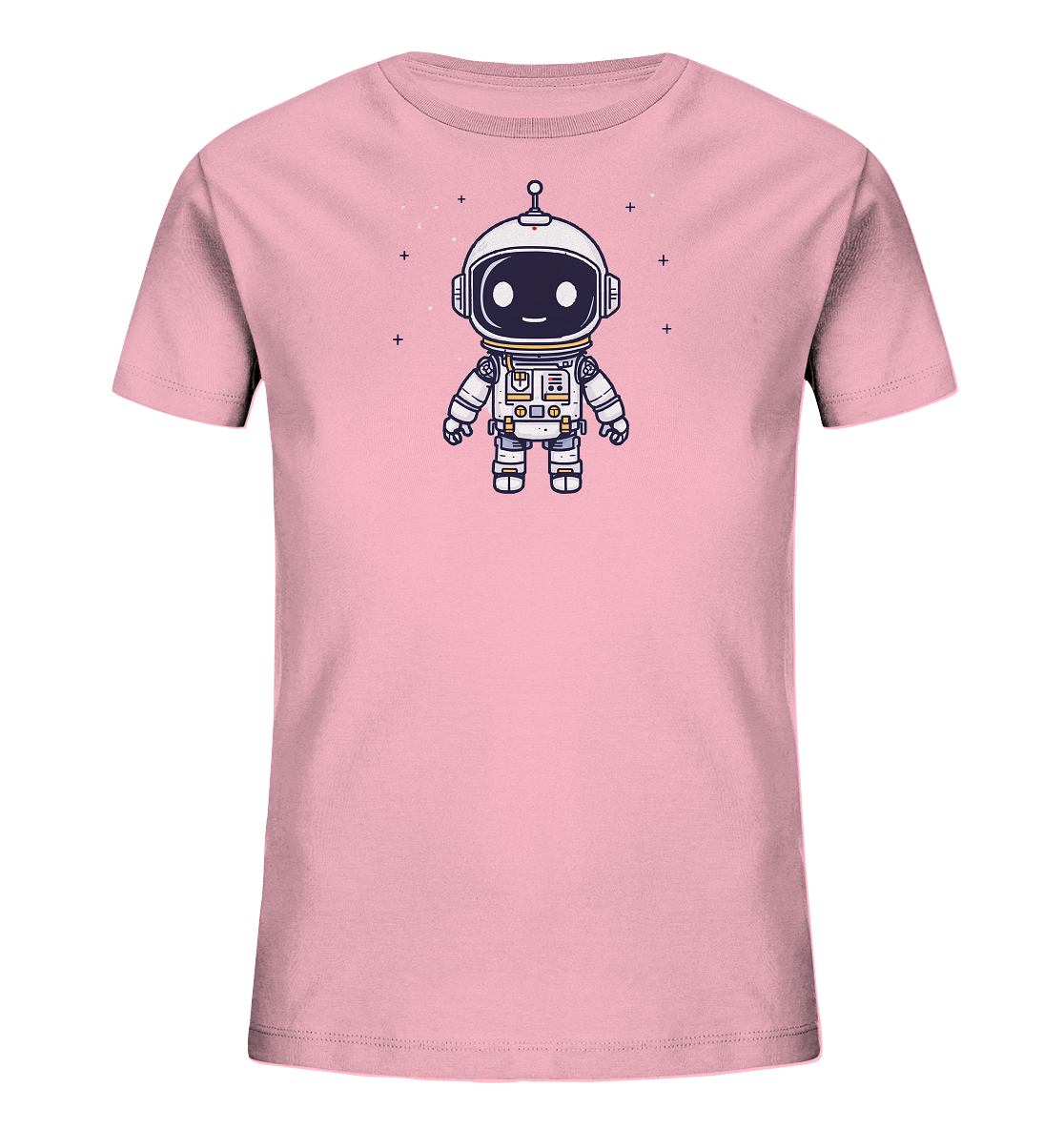 Onlineshop Shirts für Kinder - Das Bild zeigt ein hellrosa T-Shirt mit einem zentral platzierten Druck. Der Druck stellt eine freundliche, cartoonartige Astronautenfigur dar, die einen weißen Raumanzug mit grau-blauen Akzenten trägt. Der Astronaut hat einen Helm mit dunklem Visier, das ein lächelndes Gesicht zeigt, und wird von kleinen stilisierten Sternen umgeben. Dieses Design ist verspielt und ansprechend, ideal für Kinder, die sich für Weltraumthemen begeistern.