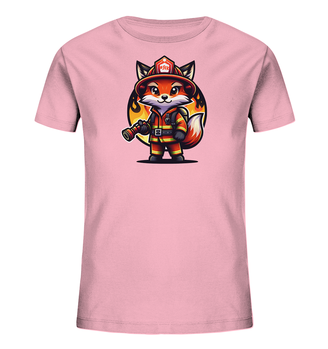 Onlineshop Shirts fuer Kinder - Dieses hellrosa T-Shirt fuer Kinder zeigt eine niedliche Cartoon-Illustration eines Fuchses. Der Fuchs ist als Feuerwehrmann gekleidet mit Helm, Uniform und haelt eine Schlauchduese. Dahinter ist ein Motiv mit lodernden Flammen zu sehen. Das Design ist farbenfroh und verspielt.