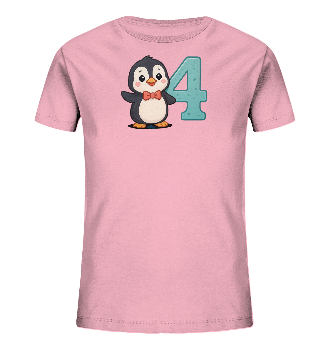 Onlineshop Shirts fuer Kinder - Das Bild zeigt ein pinkfarbenes Kinder-T-Shirt mit einem niedlichen Motiv auf der Vorderseite. Dargestellt ist ein cartoonhafter Pinguin mit roter Fliege, der froehlich neben der Zahl '4' steht. Die Zahl '4' ist gross und in einem strukturierten Blauton gehalten. Das Design wirkt spielerisch und ansprechend.