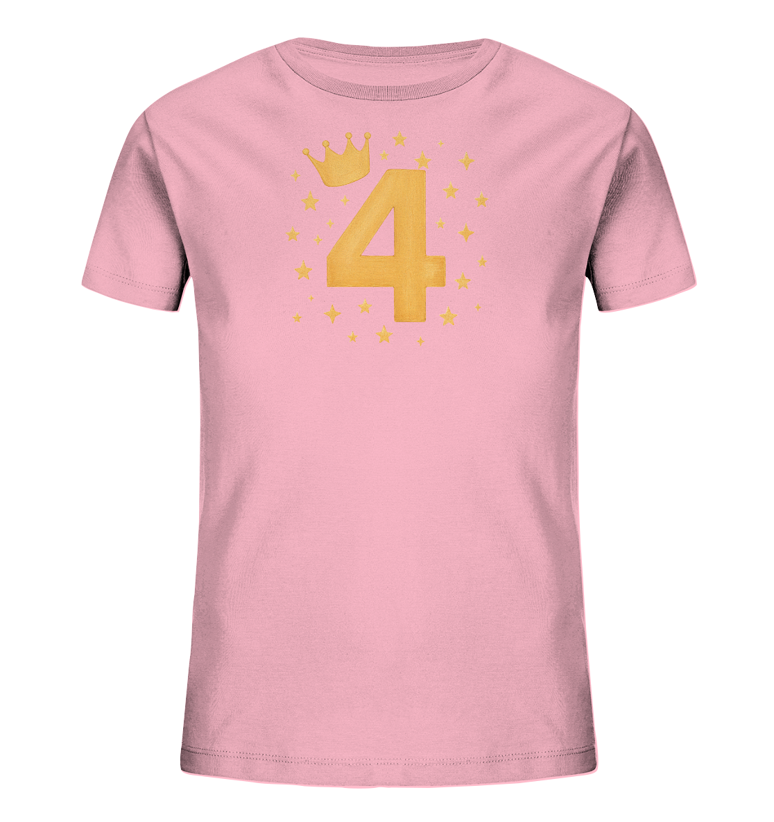 Onlineshop Shirts fuer Kinder - Das Bild zeigt ein rosafarbenes Kinder-T-Shirt. Auf der Vorderseite ist eine goldene Zahl '4' prominent platziert, darueber schwebt eine kleine goldene Krone. Um die Zahl herum sind mehrere kleine goldene Sterne in verschiedenen Groessen verteilt. Das Design wirkt festlich und passend fuer einen besonderen Anlass.