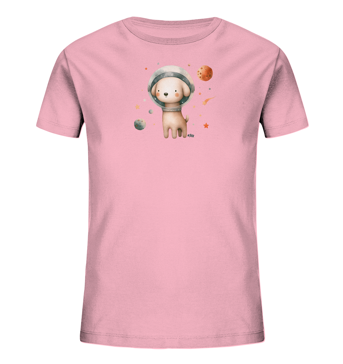 Onlineshop Shirts fuer Kinder - Das Bild zeigt ein rosafarbenes T-Shirt mit einem Motiv: ein suesser Hund im Astronautenhelm, umgeben von Planeten und Sternen. Die Grafik hat einen verspielten Stil.