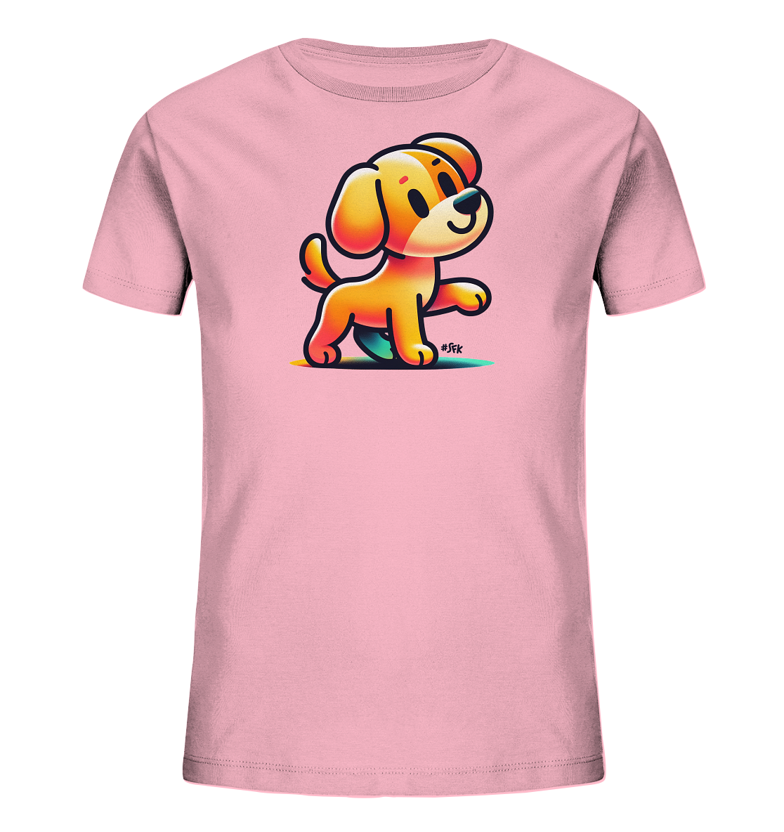Onlineshop Shirts fuer Kinder - Das Bild zeigt ein rosafarbenes T-Shirt fuer Kinder mit einer suessen Grafik auf der Vorderseite. Zu sehen ist ein cartoonartiger kleiner Hund in warmen Gelb- und Brauntoenen, der mit erhobener Pfote steht. Unter dem Hund befindet sich eine farbige Flaeche in Gruentoenen mit blauen und gelben Akzenten. Das Motiv wirkt verspielt und kinderfreundlich.
