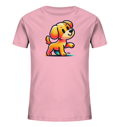 Kinder T-Shirt mit hellbraunem Cartoon-Hund, Lächeln und erhobener Pfote