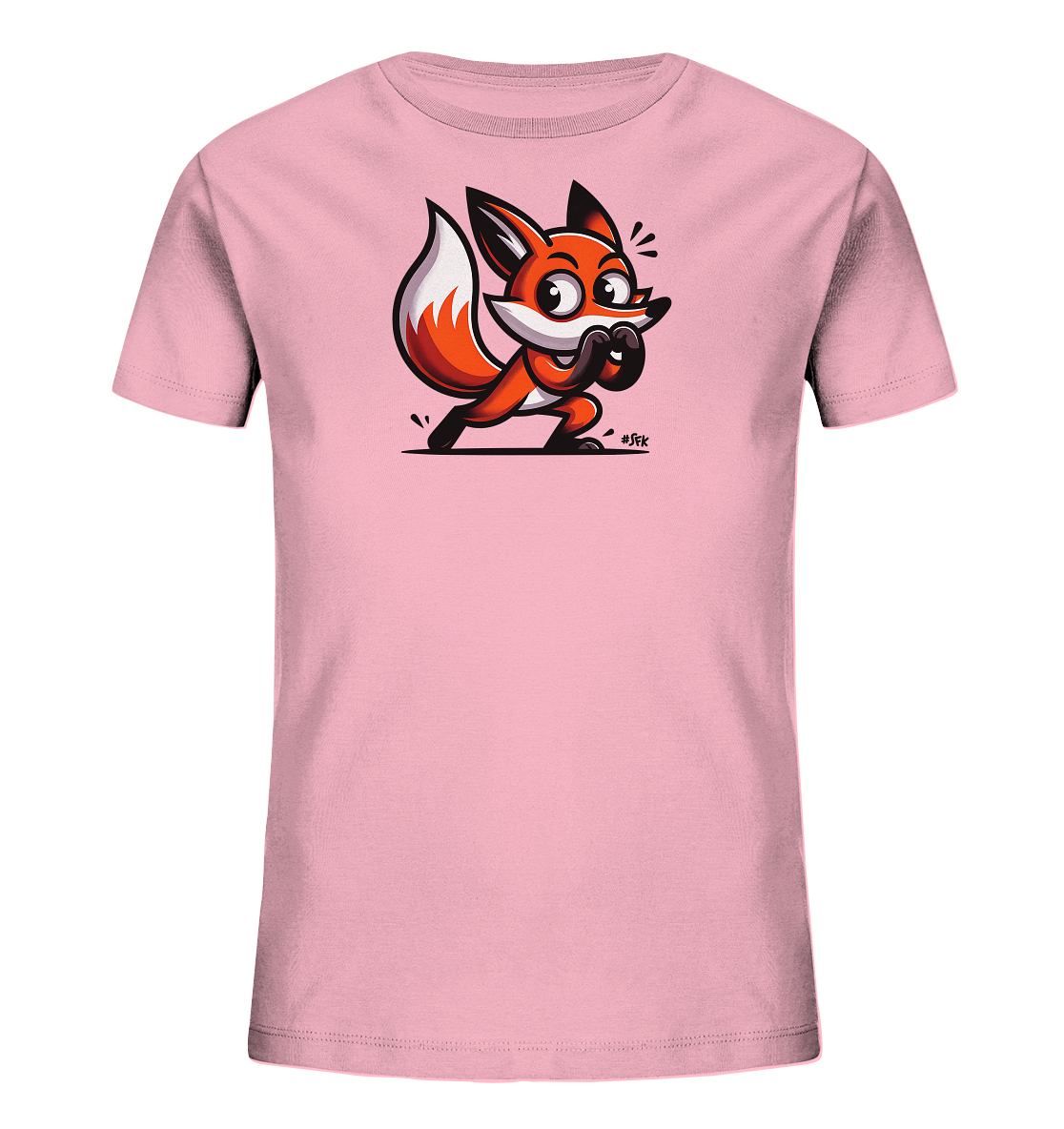 Onlineshop Shirts fuer Kinder - Dieses hellrosa Kinder-T-Shirt zeigt eine humorvolle Illustration eines orange-weissen Fuchses. Der Fuchs hat grosse Augen und bedeckt sein Maul mit den Pfoten, was einen ueberraschten Ausdruck vermittelt. Das Design ist zentral auf der Vorderseite des Shirts platziert. Es ist ein verspieltes Motiv fuer Kinder.