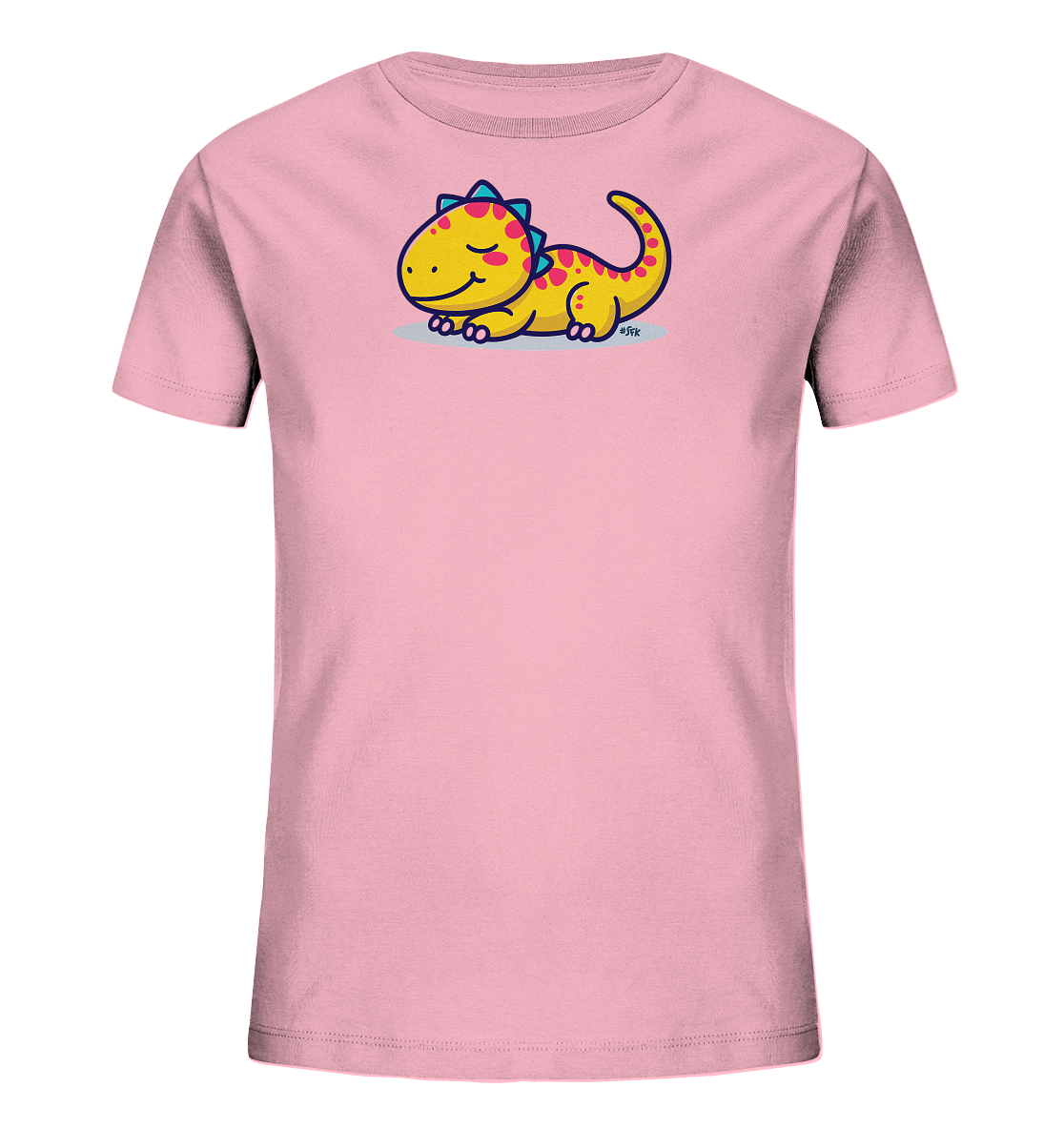 Onlineshop Shirts fuer Kinder - Das Bild zeigt ein hellrosa Kinder-T-Shirt mit einem niedlichen Cartoon-Dinosaurier-Motiv. Der gelbe Dinosaurier liegt entspannt da, hat rosa Punkte und blaue Zacken auf dem Ruecken. Er laechelt mit geschlossenen Augen, was ihm einen friedlichen Ausdruck verleiht. Das Design wirkt verspielt und kinderfreundlich.