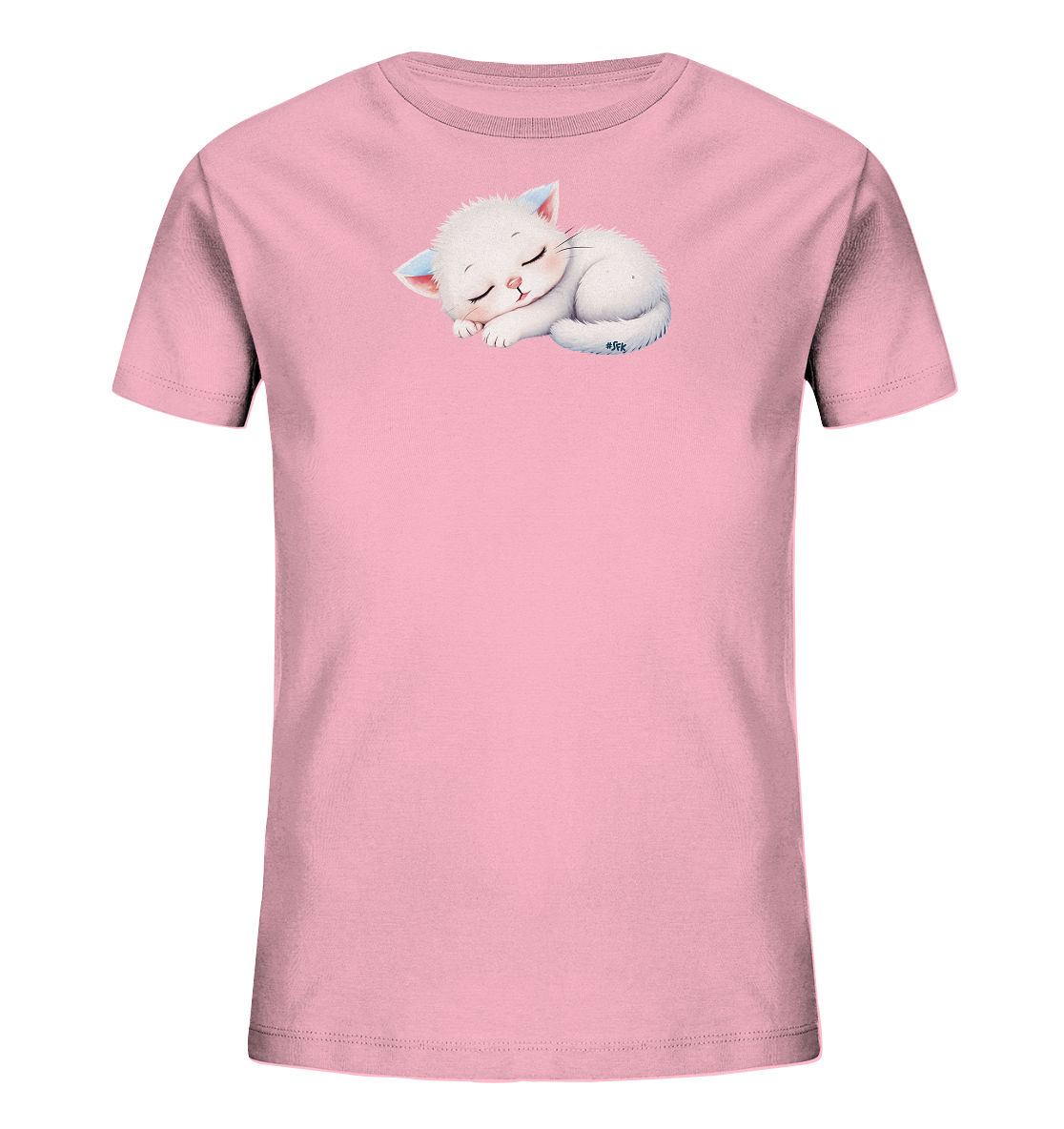 Onlineshop Shirts fuer Kinder - Das Bild zeigt ein hellrosa Kinder-T-Shirt. Auf der Vorderseite ist eine friedlich schlafende, weisse Katze oder ein Kaetzchen abgebildet. Das Kaetzchen ist sanft zusammengerollt dargestellt, mit geschlossenen Augen und leicht blaeulichen Innenohren. Das Motiv strahlt Ruhe und Niedlichkeit aus, perfekt fuer ein Kinderoutfit.