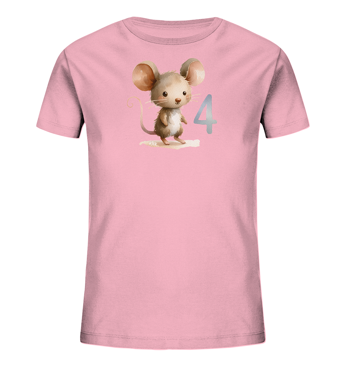 Onlineshop Shirts fuer Kinder - Das Bild zeigt ein hellrosafarbenes T-Shirt fuer Kinder. Auf der Vorderseite ist eine Illustration einer suessen, cartoonartigen Maus abgebildet. Die Maus steht neben der Zahl '4', die in einem hellblauen Farbton dargestellt ist. Das Design wirkt verspielt und kindgerecht.