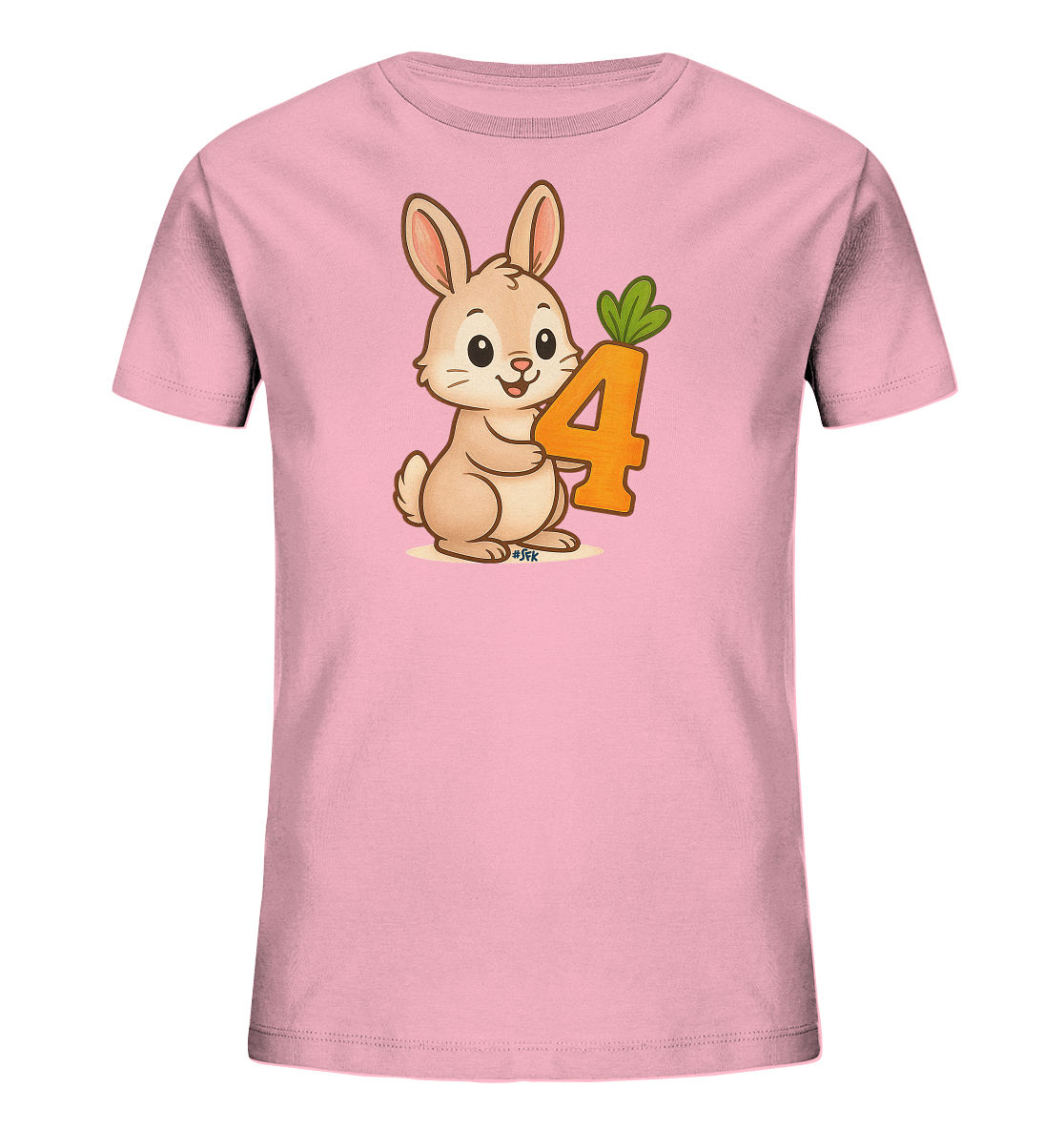Onlineshop Shirts fuer Kinder - Das Bild zeigt ein pinkes Kinder T-Shirt mit einem suessen Cartoon-Motiv. Ein kleiner, freundlicher Hase haelt die orangefarbene Zahl 4, die wie eine Karotte gestaltet ist. Der Hase hat grosse Ohren und laechelt froehlich. Dieses Design ist spielerisch und farbenfroh.