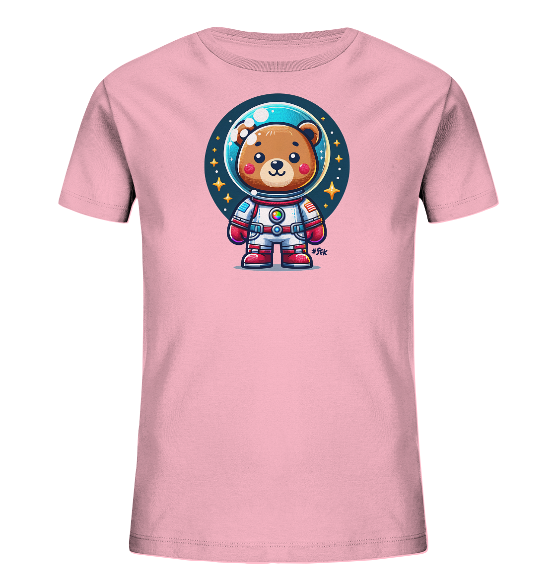 Onlineshop Shirts fuer Kinder - Das Bild zeigt ein rosa T-Shirt mit einem niedlichen Baerenmotiv auf der Vorderseite. Der Baer traegt einen Astronautenanzug mit Helm und steht vor einem dunkelblauen Kreis, der mit Sternen und Punkten verziert ist. Die Illustration ist im farbenfrohen Comic-Stil gehalten und vermittelt eine froehliche Weltraum-Atmosphaere. Es ist ein liebevoll gestaltetes Design.
