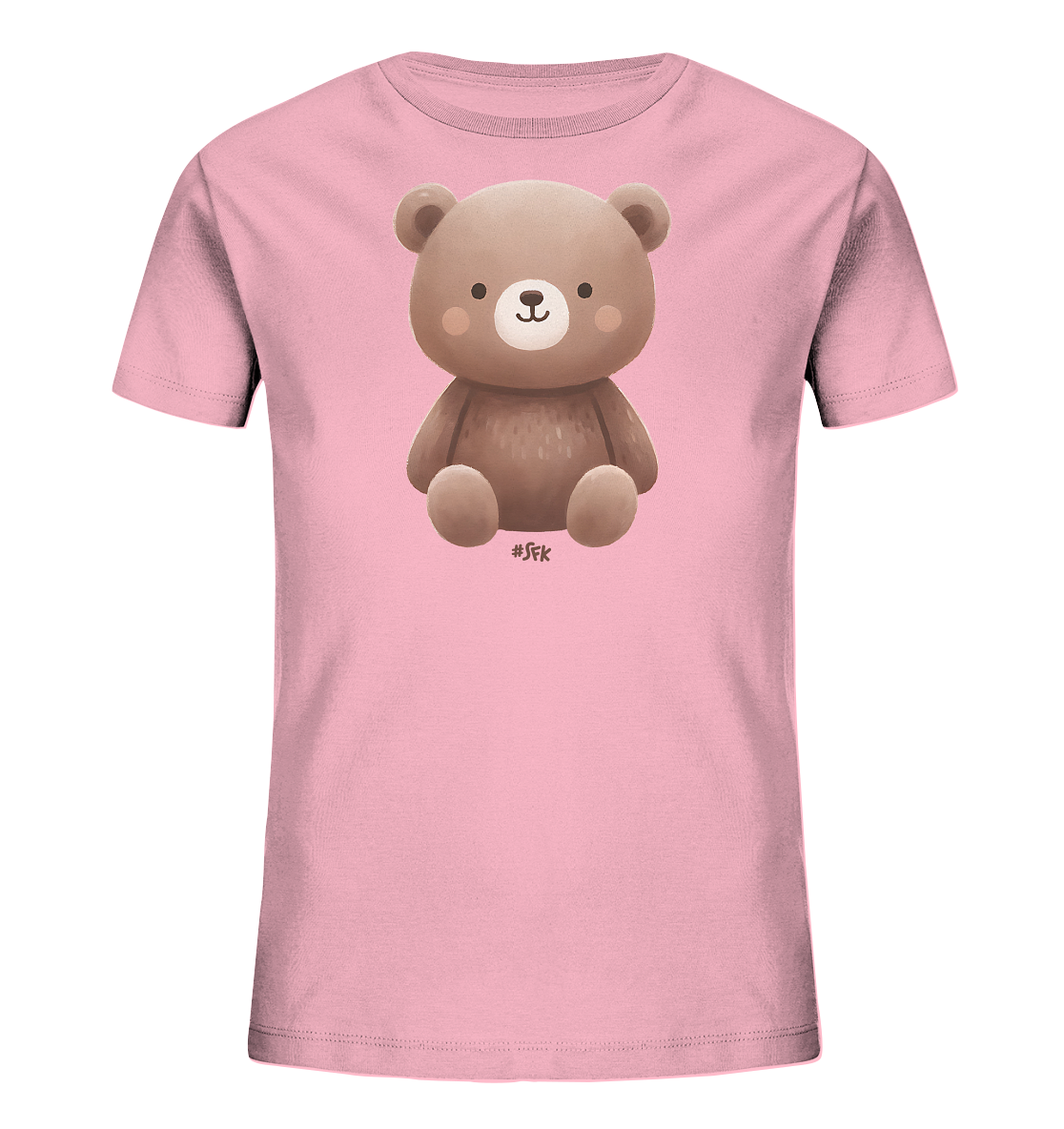 Onlineshop Shirts fuer Kinder - Das Bild zeigt ein pinkfarbenes Kinder-T-Shirt mit einem niedlichen Baerenmotiv auf der Vorderseite. Der Baer sitzt in der Mitte des Shirts und ist in einem sanften, cartoonhaften Stil illustriert. Er hat braunes Fell, grosse Ohren und rosige Wangen. Das Design wirkt froehlich und verspielt.