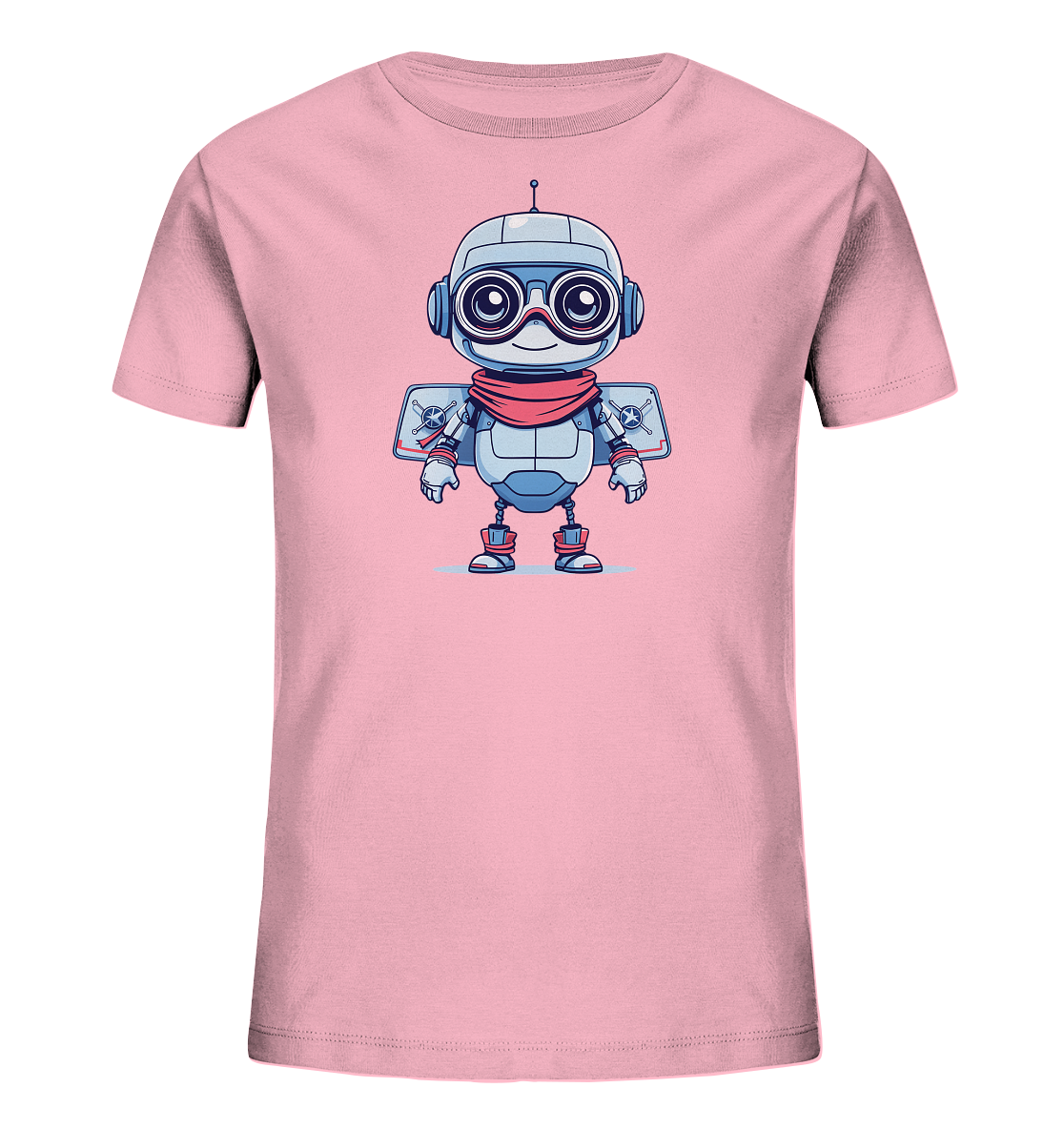 Onlineshop Shirts für Kinder - Das Bild zeigt ein hellrosa Kinder T-Shirt mit einem farbenfrohen Aufdruck auf der Vorderseite. Das Motiv stellt einen freundlich aussehenden Roboter im Comic-Stil dar. Der Roboter ist überwiegend grau und blau gehalten, trägt eine rote Fliegerbrille und einen roten Schal. Am Rücken sind angedeutete Flügel oder ein Jetpack mit sternförmigen Symbolen zu sehen, was dem Design einen verspielten und fantasievollen Charakter verleiht.