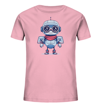 Onlineshop Shirts für Kinder - Das Bild zeigt ein hellrosa Kinder T-Shirt mit einem farbenfrohen Aufdruck auf der Vorderseite. Das Motiv stellt einen freundlich aussehenden Roboter im Comic-Stil dar. Der Roboter ist überwiegend grau und blau gehalten, trägt eine rote Fliegerbrille und einen roten Schal. Am Rücken sind angedeutete Flügel oder ein Jetpack mit sternförmigen Symbolen zu sehen, was dem Design einen verspielten und fantasievollen Charakter verleiht.