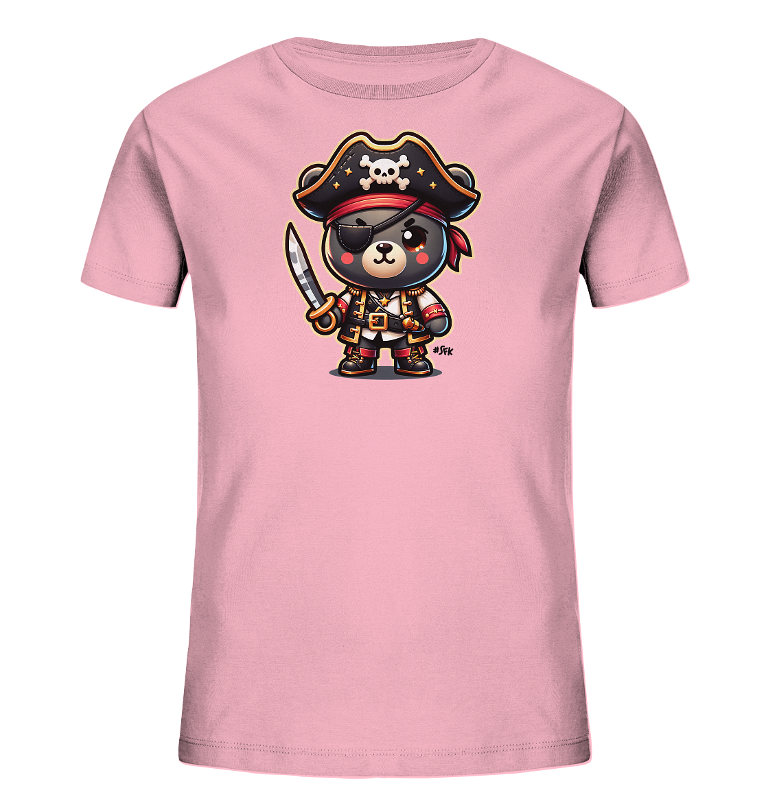 Onlineshop Shirts fuer Kinder - Das Bild zeigt ein rosa T-Shirt fuer Kinder mit einem niedlichen Baeren, der als Pirat verkleidet ist. Der Baer traegt einen Piratenhut mit Totenkopf, eine Augenklappe und ein rotes Kopftuch. Er haelt ein Schwert und hat ein detailreiches Kostuem an. Das Design wirkt verspielt und abenteuerlich.