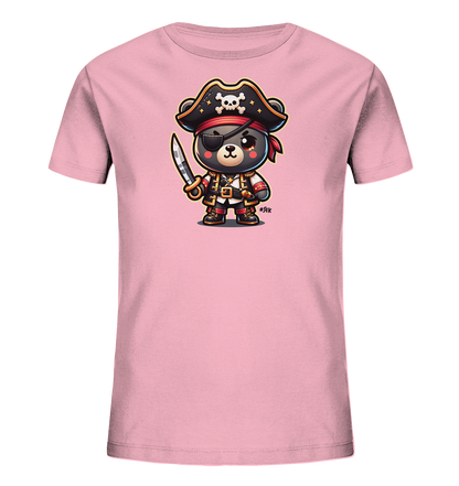 Onlineshop Shirts fuer Kinder - Das Bild zeigt ein rosa T-Shirt fuer Kinder mit einem niedlichen Baeren, der als Pirat verkleidet ist. Der Baer traegt einen Piratenhut mit Totenkopf, eine Augenklappe und ein rotes Kopftuch. Er haelt ein Schwert und hat ein detailreiches Kostuem an. Das Design wirkt verspielt und abenteuerlich.