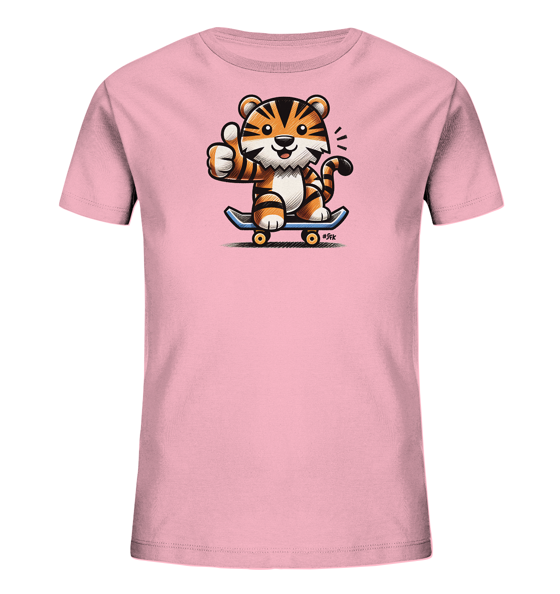 Onlineshop Shirts fuer Kinder - Das Bild praesentiert ein rosafarbenes T-Shirt fuer Kinder. Auf der Vorderseite ist eine verspielte Grafik eines niedlichen Cartoon-Tigers zu sehen. Der Tiger sitzt auf einem Skateboard und zeigt einen Daumen nach oben. Das Motiv ist farbenfroh und befindet sich mittig auf dem Shirt.
