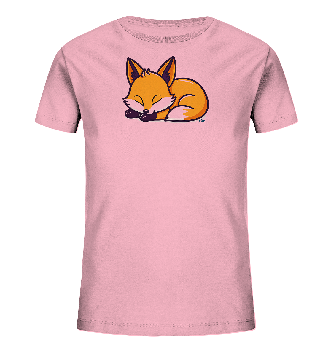 Onlineshop Shirts fuer Kinder - Das Bild praesentiert ein unifarbenes, hellrosa T-Shirt fuer Kinder, das auf einem dunklen Untergrund arrangiert ist. Im oberen Brustbereich des Shirts ist eine Illustration eines liegenden Fuchses platziert. Der Fuchs in Orange- und Brauntoenen ist zusammengerollt mit geschlossenen Augen dargestellt.