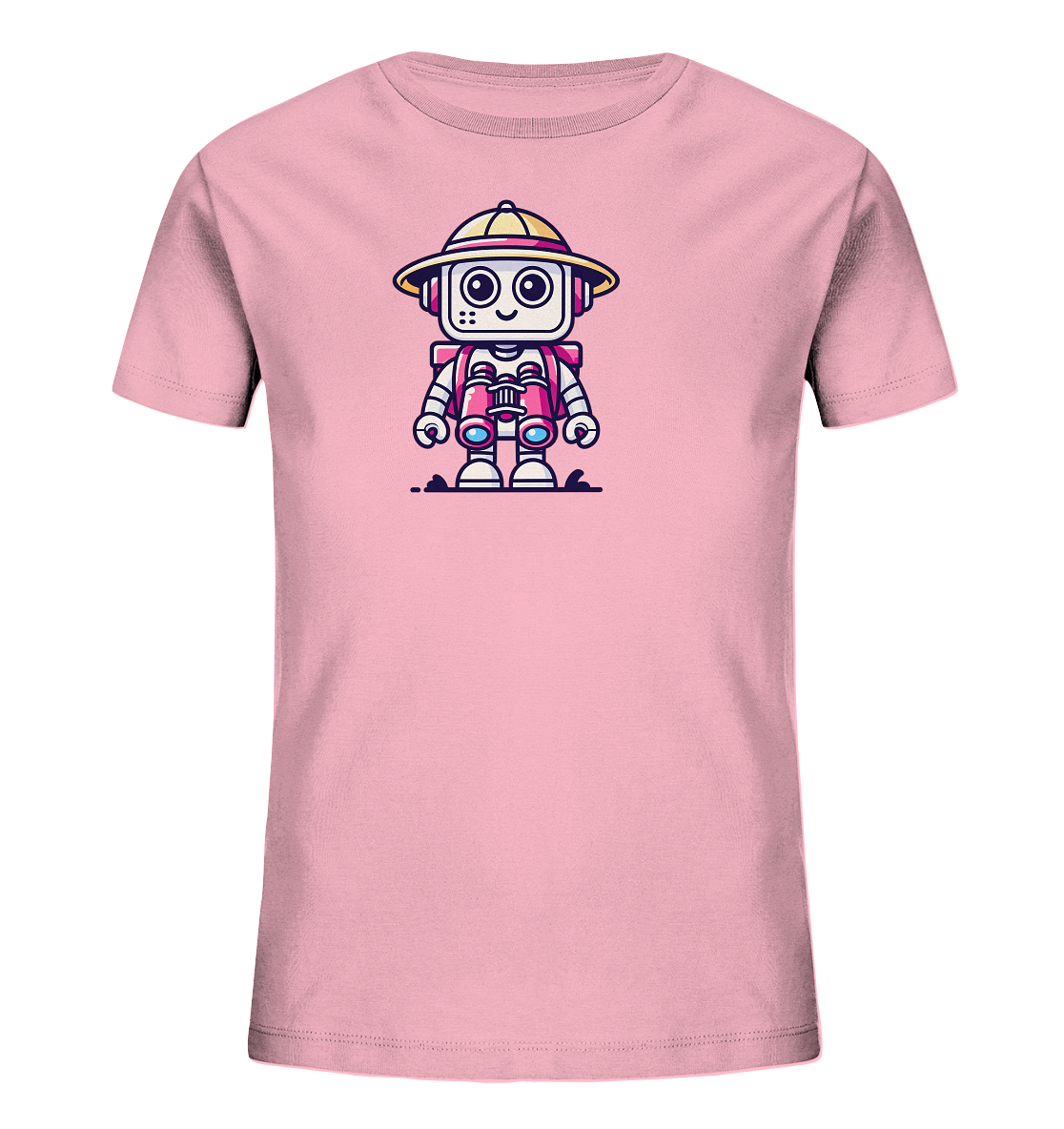 Onlineshop Shirts für Kinder - Das Bild zeigt ein hellrosa Kinder-T-Shirt. Auf der Vorderseite ist eine Illustration eines niedlichen, cartoonhaften Roboters zu sehen. Der Roboter trägt einen Safari-Hut und hat ein Fernglas um den Hals. Er hat große Augen und ein freundliches Lächeln, was ihm ein verspieltes Aussehen verleiht.