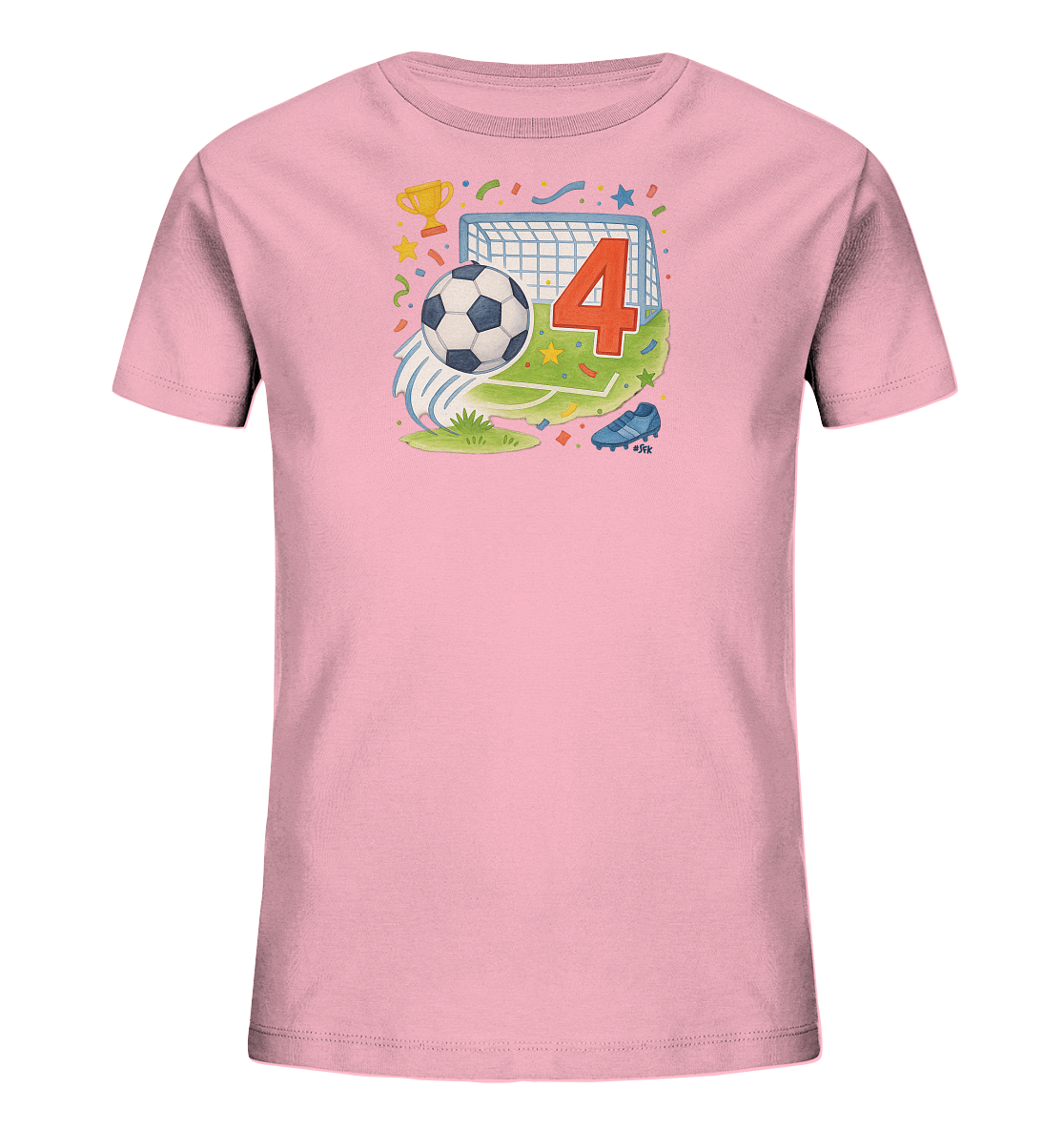 Onlineshop Shirts fuer Kinder - Dieses hellrosa T-Shirt fuer Kinder zeigt eine farbenfrohe Illustration rund um das Thema Fussball. Im Mittelpunkt stehen ein Fussballtor, ein Ball und die grosse rote Zahl '4'. Ein goldener Pokal, ein blauer Fussballschuh sowie Konfetti und Sterne ergaenzen das sportliche Motiv. Das Design wirkt froehlich und dynamisch auf dem Kinder-Shirt.