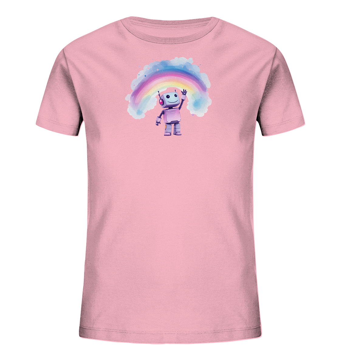 Onlineshop Shirts für Kinder - Dieses Bild zeigt ein hellrosa T-Shirt für Kinder. Auf der Vorderseite ist eine Grafik abgebildet, die einen kleinen, lila metallicfarbenen Roboter darstellt. Der Roboter hat Kopfhörer auf, lächelt und winkt mit einer Hand, während er unter einem farbenfrohen Regenbogen steht. Der Regenbogen wird von sanften, hellblauen Wolken umrahmt, die das Motiv ergänzen und dem Shirt einen freundlichen Look verleihen.