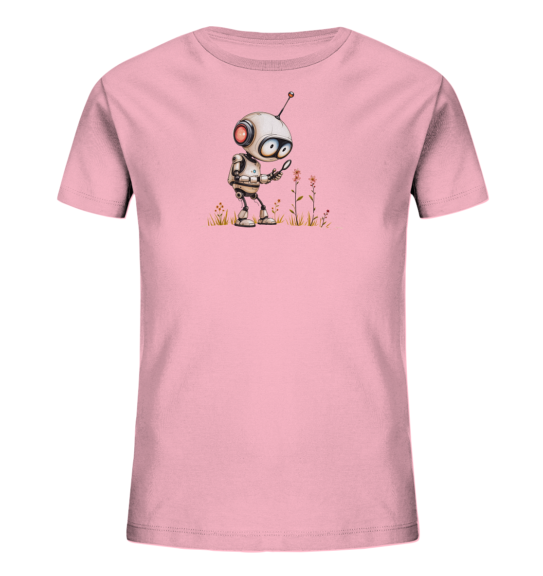 Onlineshop Shirts für Kinder - Das Bild zeigt ein hellrosa Kinder-T-Shirt. Auf der Vorderseite ist eine detaillierte Grafik eines kleinen Roboters zu sehen. Der Roboter hält eine Lupe und scheint Blumen und Grashalme auf dem Boden zu untersuchen. Das Design vermittelt eine neugierige und wissenschaftliche Stimmung und ist ideal für junge Entdecker.