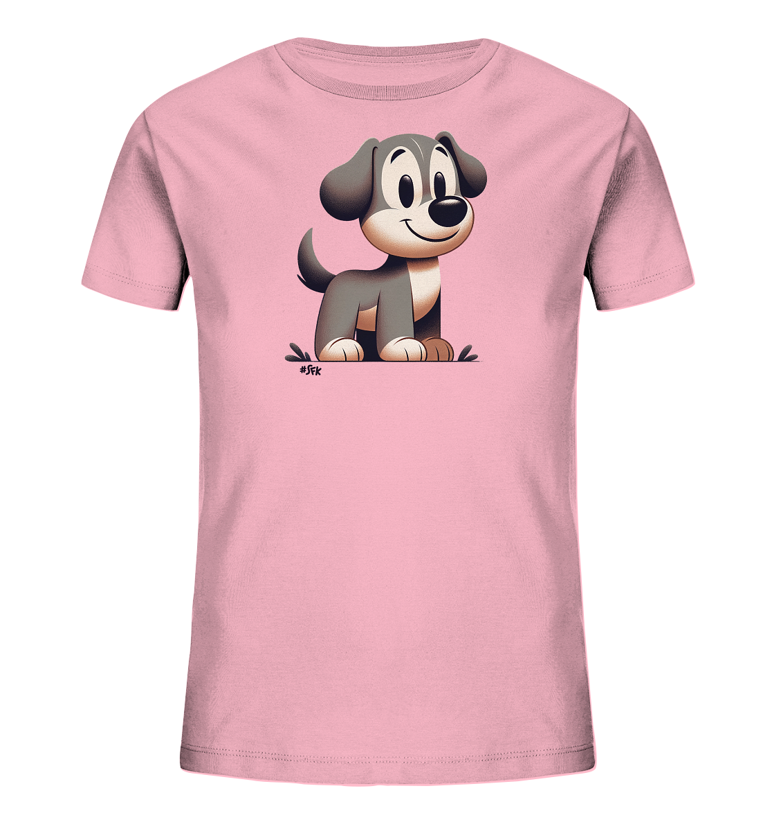 Onlineshop Shirts fuer Kinder - Das Bild zeigt ein rosa T-Shirt fuer Kinder. Darauf ist eine niedliche Cartoon-Illustration eines kleinen Hundes zu sehen. Der Hund hat graues Fell, grosse Augen und sitzt mit einem freundlichen Laecheln. Er scheint auf einer kleinen Grasflaeche zu sitzen, was dem Motiv einen verspielten Look verleiht.