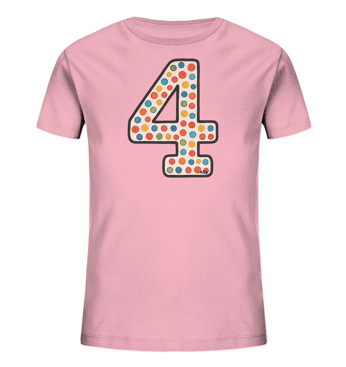 Onlineshop Shirts fuer Kinder - Das Bild zeigt ein rosafarbenes Kinder-T-Shirt mit einem grossen Aufdruck der Zahl '4' auf der Vorderseite. Die Zahl ist mit einem Muster aus vielen bunten Punkten in verschiedenen Farben wie Rot, Gelb, Gruen und Blau gefuellt. Die Umrandung der Zahl '4' ist dunkel gehalten. Dieses Design wirkt lebhaft und farbenfroh.
