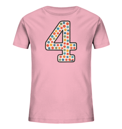 Kinder T-Shirt mit großer Zahl 4, bunten Punkten und dunkler Umrandung