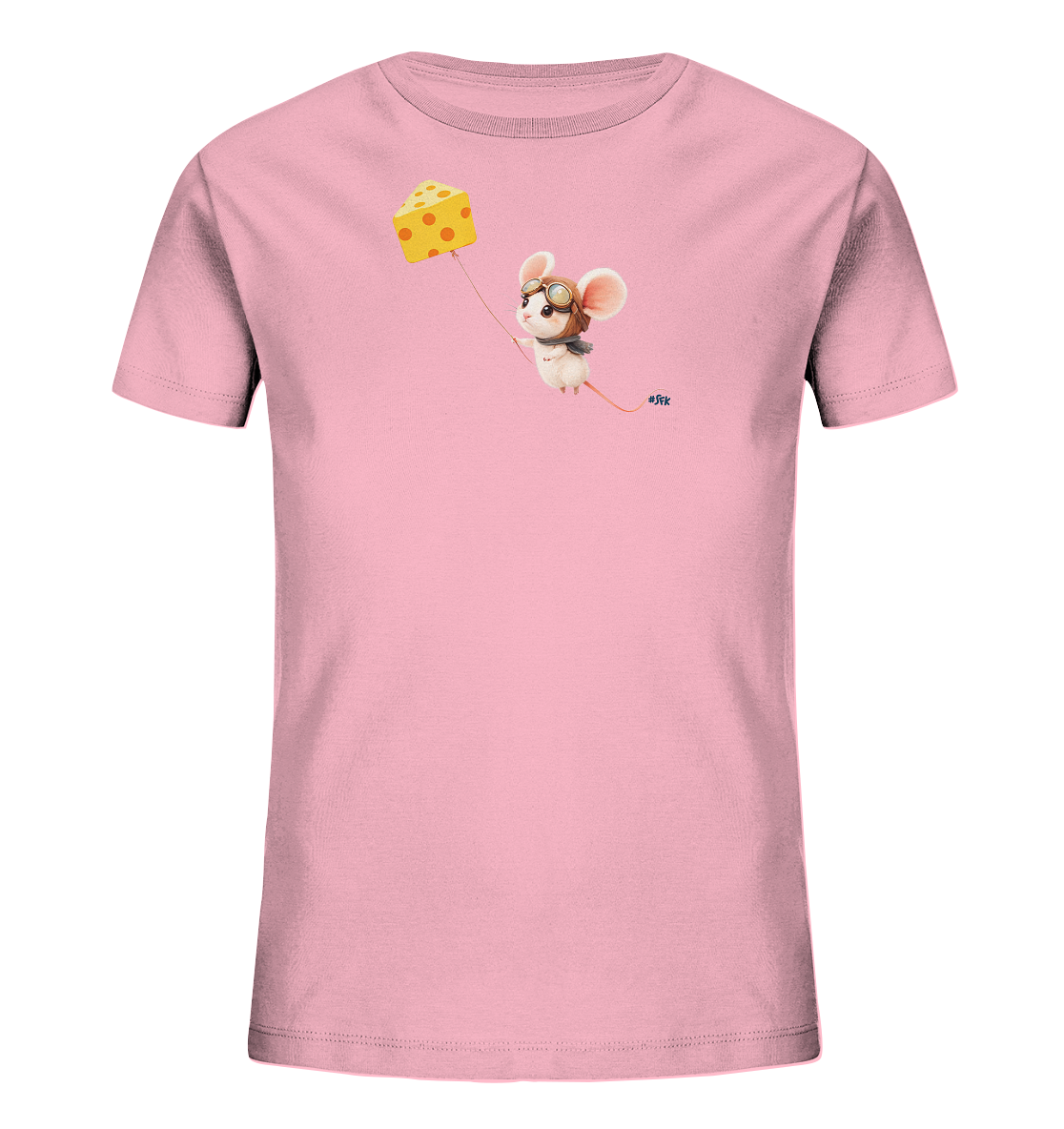 Onlineshop Shirts fuer Kinder - Das Bild zeigt ein hellrosa Kinder-T-Shirt. Auf der Vorderseite ist eine fliegende Maus mit Pilotenbrille und Halstuch abgebildet. Die Maus haelt ein Stueck Kaese, das wie ein Drachen oder Ballon schwebt. Das Design wirkt verspielt und abenteuerlich.