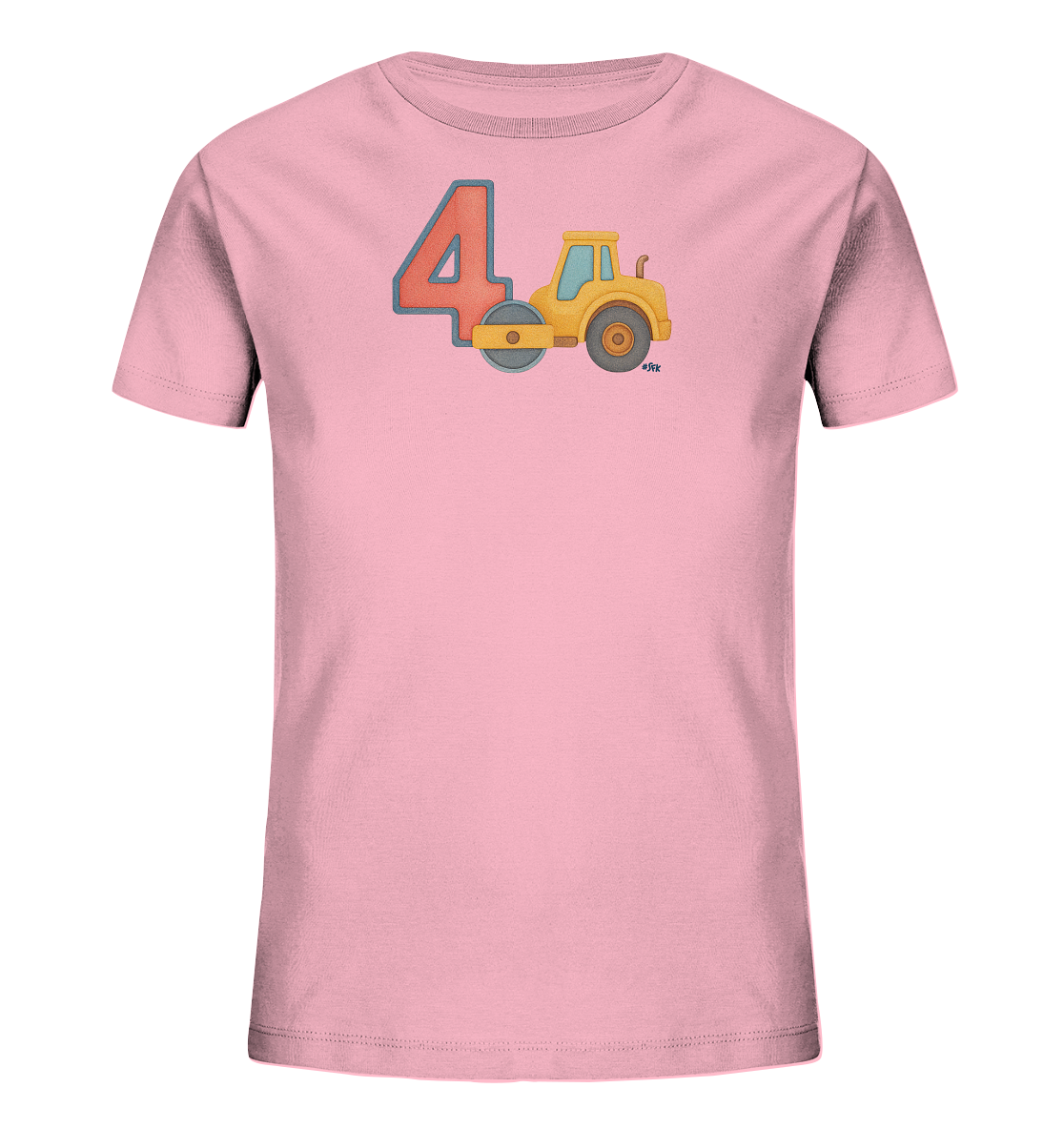Onlineshop Shirts fuer Kinder - Das Bild zeigt ein rosafarbenes Kinder-T-Shirt. Auf der Vorderseite befindet sich eine grosse, rote Zahl 4 mit blauem Rand. Daneben ist eine gelbe Dampfwalze abgebildet, die passend zur Zahl positioniert ist. Dieses Design wirkt spielerisch und ist ideal fuer Kinder.