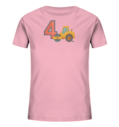 Onlineshop Shirts fuer Kinder - Das Bild zeigt ein rosafarbenes Kinder-T-Shirt. Auf der Vorderseite befindet sich eine grosse, rote Zahl 4 mit blauem Rand. Daneben ist eine gelbe Dampfwalze abgebildet, die passend zur Zahl positioniert ist. Dieses Design wirkt spielerisch und ist ideal fuer Kinder.