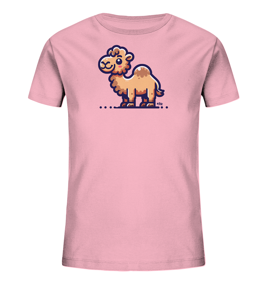 Onlineshop Shirts fuer Kinder - Das Bild zeigt ein rosafarbenes Kinder-T-Shirt. Auf der Vorderseite ist eine niedliche, cartoonhafte Abbildung eines Kamels. Das Kamel ist hellbraun mit einem freundlichen Gesicht und steht auf einer Reihe von dunklen Punkten. Dieses Design verleiht dem Shirt einen verspielten Look.