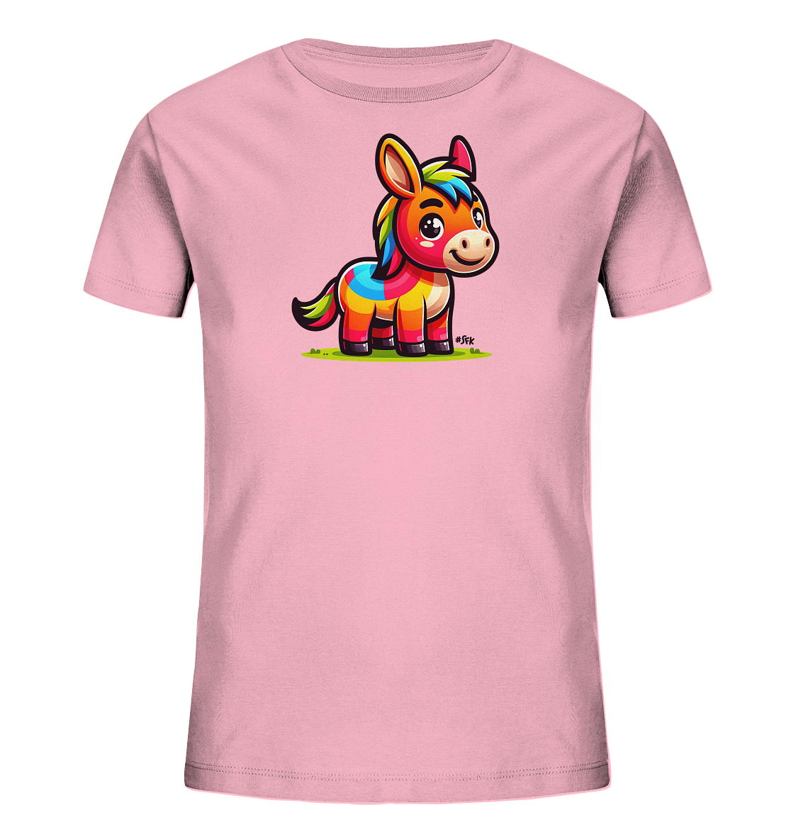 Onlineshop Shirts fuer Kinder - Das Bild zeigt ein hellrosa Kinder-T-Shirt mit einem farbenfrohen Cartoon-Motiv eines Esels. Der Esel steht auf einer gruenen Wiese und ist in leuchtenden Farben wie Orange, Gelb und Blau sowie einem bunten Maehnen- und Schwanzdesign dargestellt. Das Motiv wirkt froehlich und kindgerecht.