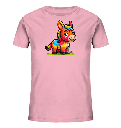 Onlineshop Shirts fuer Kinder - Das Bild zeigt ein hellrosa Kinder-T-Shirt mit einem farbenfrohen Cartoon-Motiv eines Esels. Der Esel steht auf einer gruenen Wiese und ist in leuchtenden Farben wie Orange, Gelb und Blau sowie einem bunten Maehnen- und Schwanzdesign dargestellt. Das Motiv wirkt froehlich und kindgerecht.