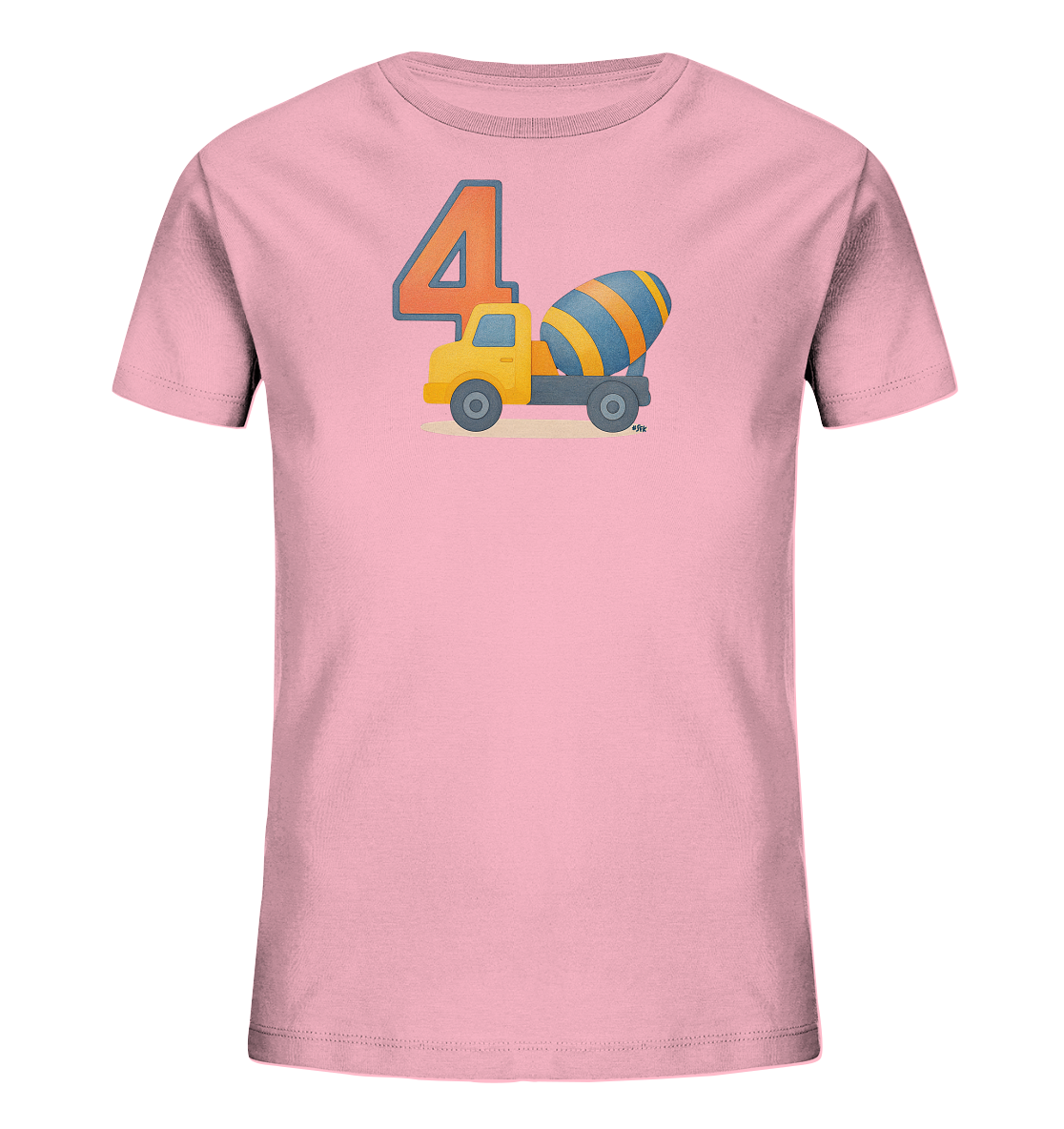 Onlineshop Shirts fuer Kinder - Das Bild zeigt ein rosafarbenes Kinder T-Shirt mit einer Grafik einer grossen orangen Zahl 4 und einem gelben Spielzeug-Zementmischer. Der Mischer hat eine blau-orange gestreifte Trommel. Die Grafik ist auf einer hellen Linie positioniert. Das Design wirkt farbenfroh und kindgerecht.
