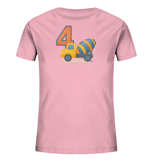 Onlineshop Shirts fuer Kinder - Das Bild zeigt ein rosafarbenes Kinder T-Shirt mit einer Grafik einer grossen orangen Zahl 4 und einem gelben Spielzeug-Zementmischer. Der Mischer hat eine blau-orange gestreifte Trommel. Die Grafik ist auf einer hellen Linie positioniert. Das Design wirkt farbenfroh und kindgerecht.