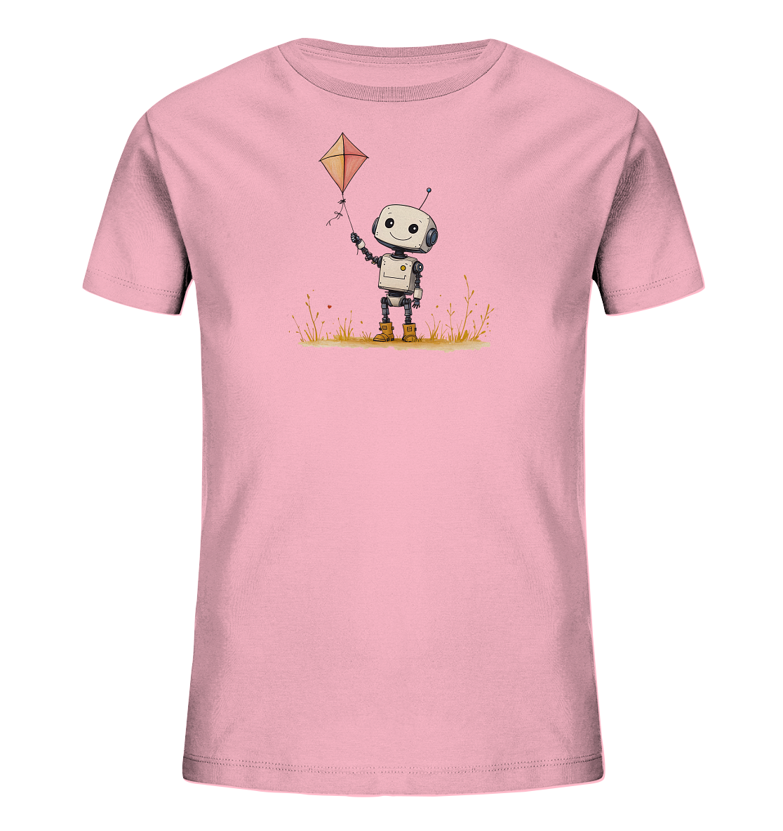 Onlineshop Shirts für Kinder - Dieses Bild zeigt ein hellrosa Kinder-T-Shirt mit einem fröhlichen Druck auf der Vorderseite. Der Druck stellt einen kleinen, freundlichen Cartoon-Roboter dar, der einen orangefarbenen Drachen in den Himmel hält. Der Roboter hat ein lächelndes Gesicht, große Ohren und trägt gelbe Stiefel, während er in einer Wiese mit Grashalmen steht. Das gesamte Design wirkt verspielt und charmant, ideal für Kinder.