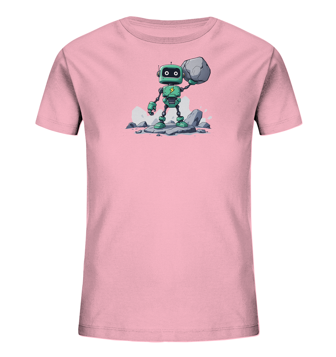 Onlineshop Shirts für Kinder - Das Bild zeigt ein Kinder-T-Shirt in einem zarten Rosa- oder Blush-Farbton. Auf der Vorderseite des Shirts ist eine detaillierte Illustration eines grünen Roboters zu sehen, der auf grauen Felsen steht. Der Roboter, mit einem gelben Blitz auf der Brust, hält einen großen Stein über seinem Kopf, was Stärke symbolisiert. Das gesamte Design ist im Cartoon-Stil gehalten und wirkt freundlich und dynamisch.