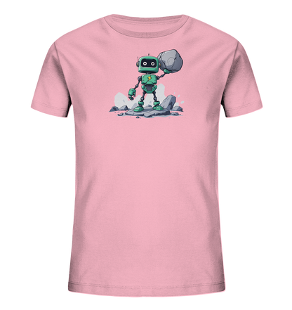 Onlineshop Shirts für Kinder - Das Bild zeigt ein Kinder-T-Shirt in einem zarten Rosa- oder Blush-Farbton. Auf der Vorderseite des Shirts ist eine detaillierte Illustration eines grünen Roboters zu sehen, der auf grauen Felsen steht. Der Roboter, mit einem gelben Blitz auf der Brust, hält einen großen Stein über seinem Kopf, was Stärke symbolisiert. Das gesamte Design ist im Cartoon-Stil gehalten und wirkt freundlich und dynamisch.