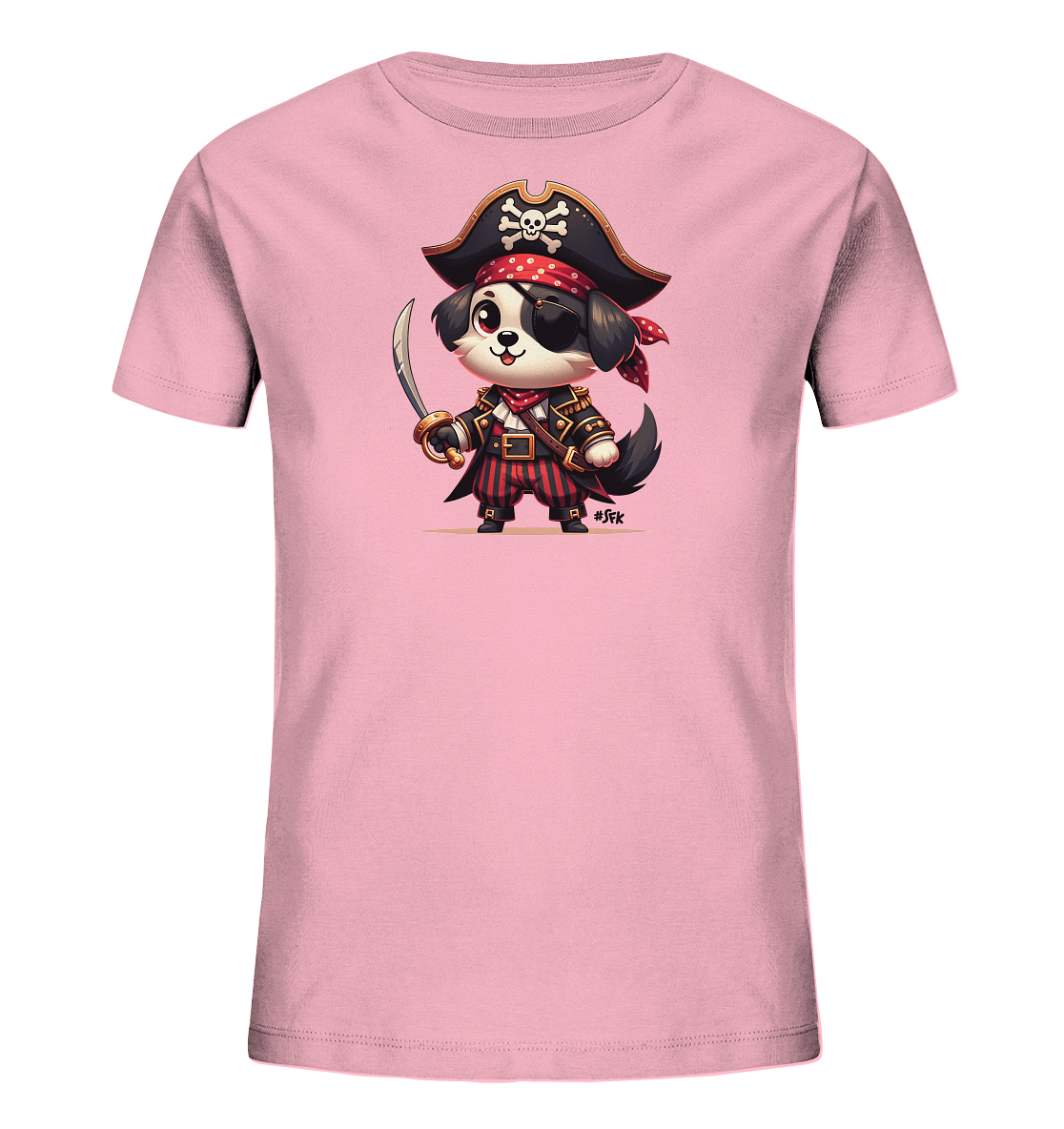 Kinder T-Shirt mit Cartoon-Piratenhund, Augenklappe, Hut und Säbel