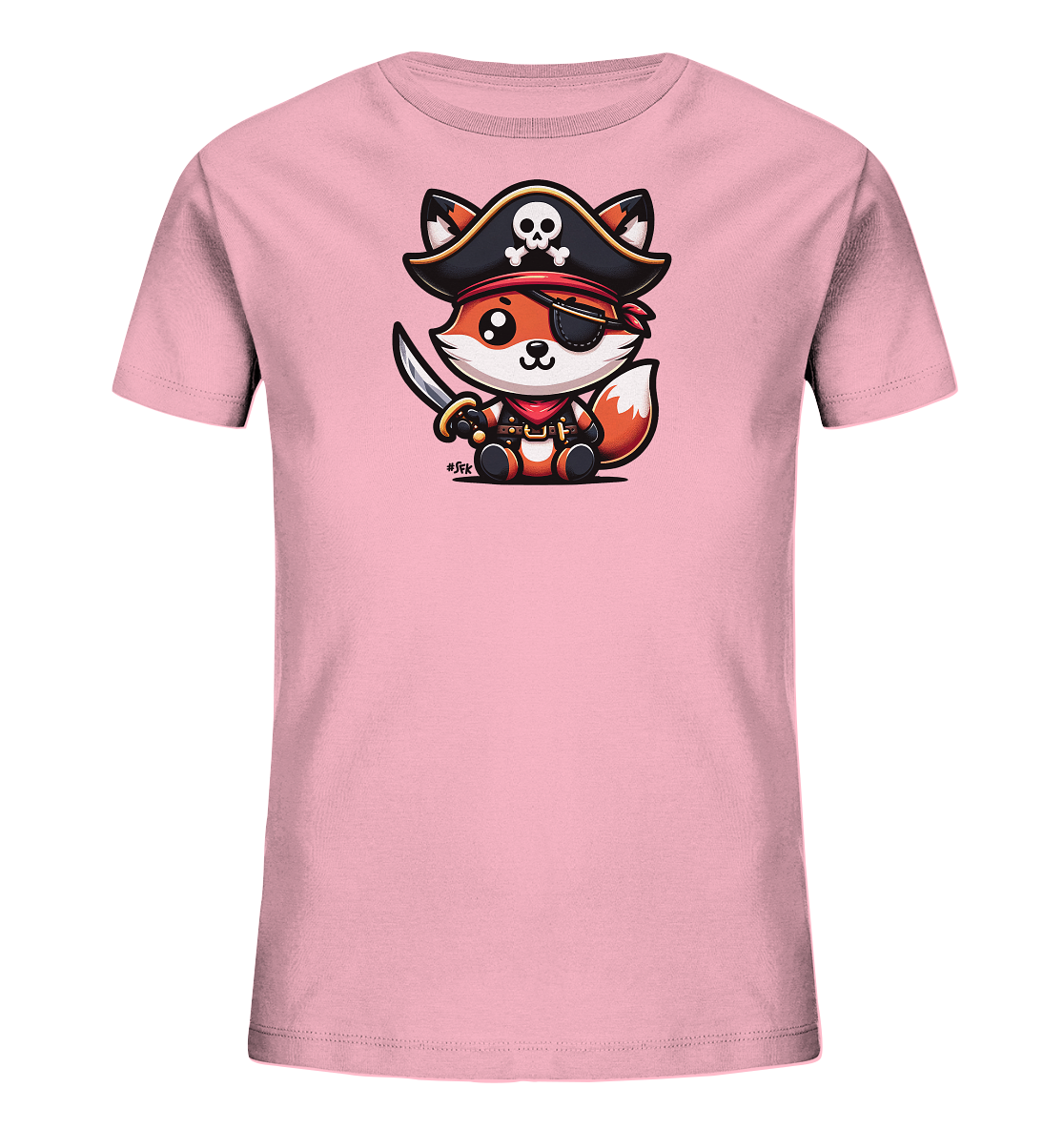 Onlineshop Shirts fuer Kinder - Das Bild zeigt ein hellrosa Kinder-T-Shirt mit einem lustigen Motiv eines Fuchses. Der Fuchs ist als Pirat gekleidet, traegt einen Piratenhut mit Totenkopf, eine Augenklappe und haelt einen kleinen Saebel. Die Illustration ist im Cartoon-Stil gehalten und wirkt sehr niedlich. Das Design verleiht dem Shirt einen abenteuerlichen und verspielten Charakter.