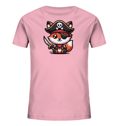 Onlineshop Shirts fuer Kinder - Das Bild zeigt ein hellrosa Kinder-T-Shirt mit einem lustigen Motiv eines Fuchses. Der Fuchs ist als Pirat gekleidet, traegt einen Piratenhut mit Totenkopf, eine Augenklappe und haelt einen kleinen Saebel. Die Illustration ist im Cartoon-Stil gehalten und wirkt sehr niedlich. Das Design verleiht dem Shirt einen abenteuerlichen und verspielten Charakter.