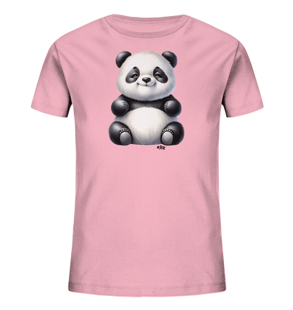 Kinder T-Shirt mit ein sitzender Panda mit schwarz-weißem Fell und freundlichem Lächeln