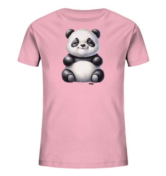 Kinder T-Shirt mit ein sitzender Panda mit schwarz-weißem Fell und freundlichem Lächeln